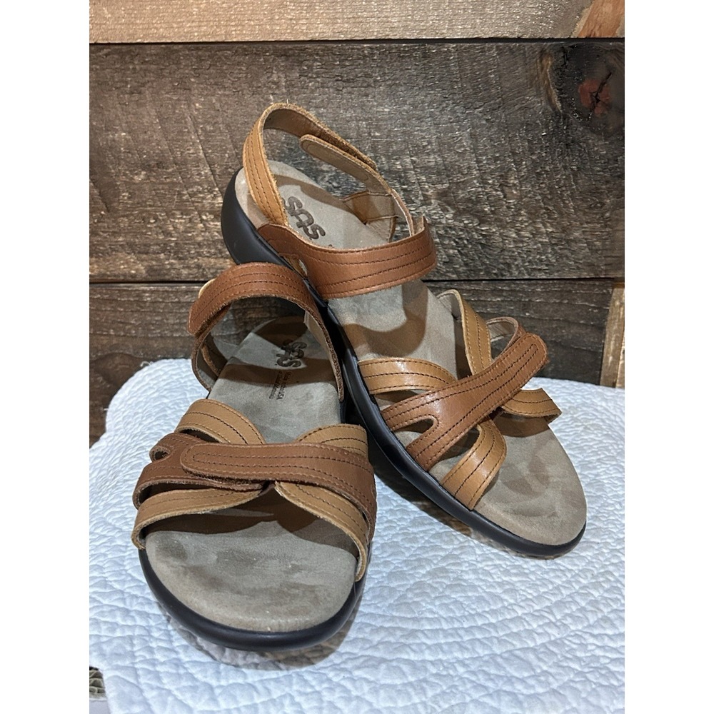 SAS Womens Brown Leather Sandals Size 9 M Pier Wedge Slingback Strappy Comfort